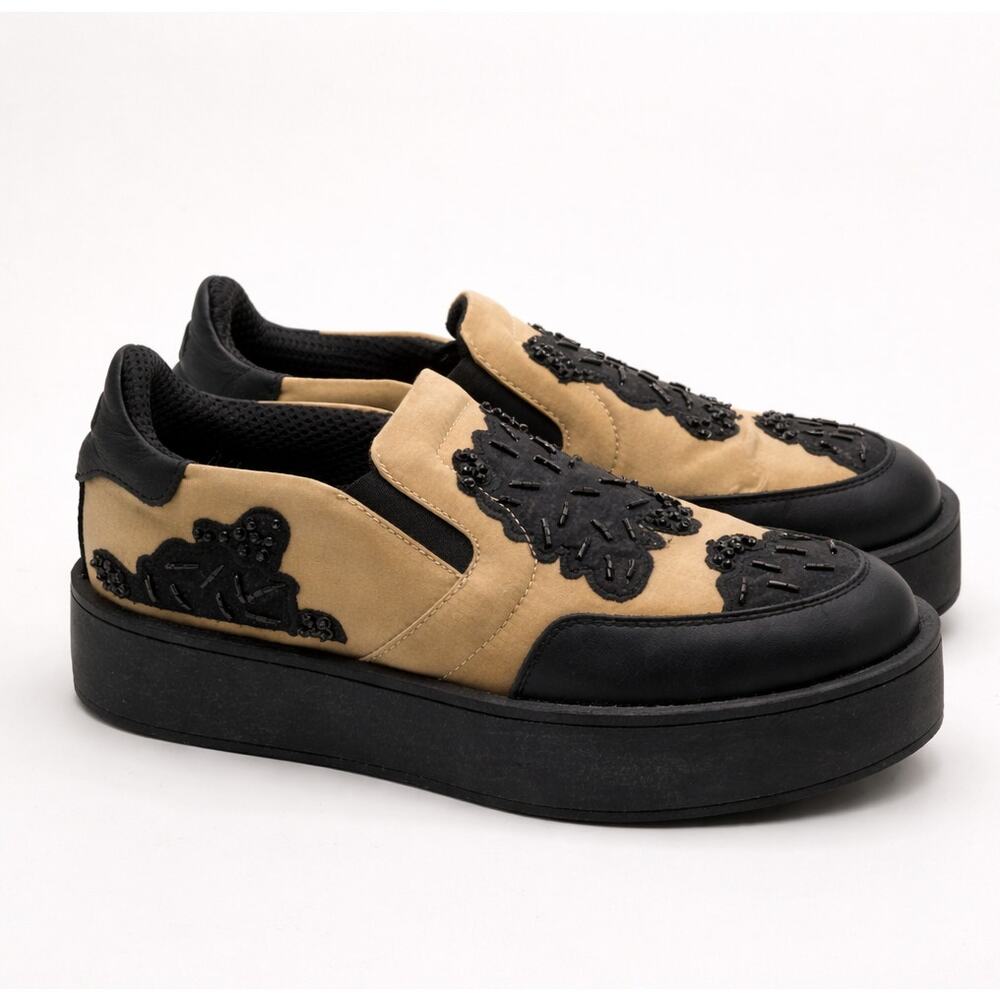 TWIN-SET SIMONA BARBIERI Satin Beaded Slip On Sneakers Tan Black Sz 36/US 6 $395